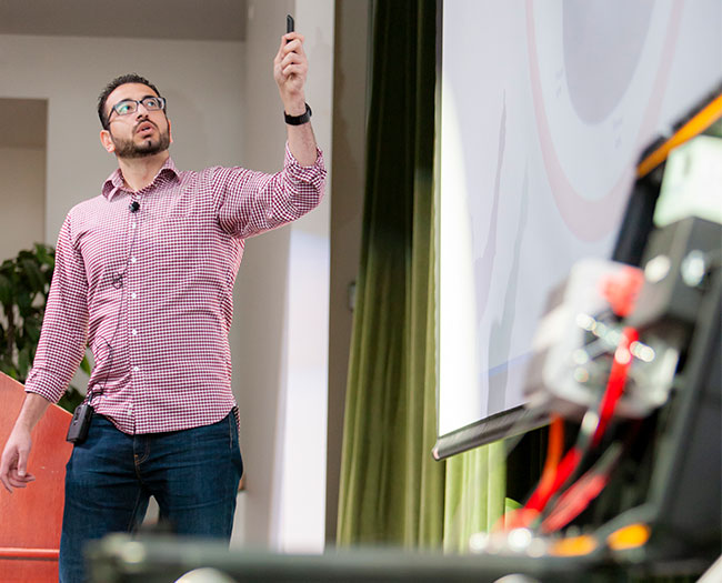 Student pitching judges on product during Bronco Startup Challenge